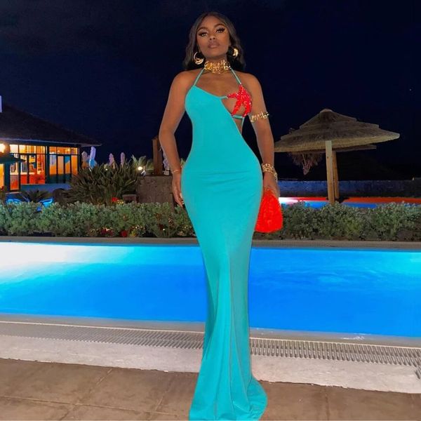 summer new style party evening dresses sexy back strap wrapped chest shell rhinestone solid color long style European dress 1112, Blue